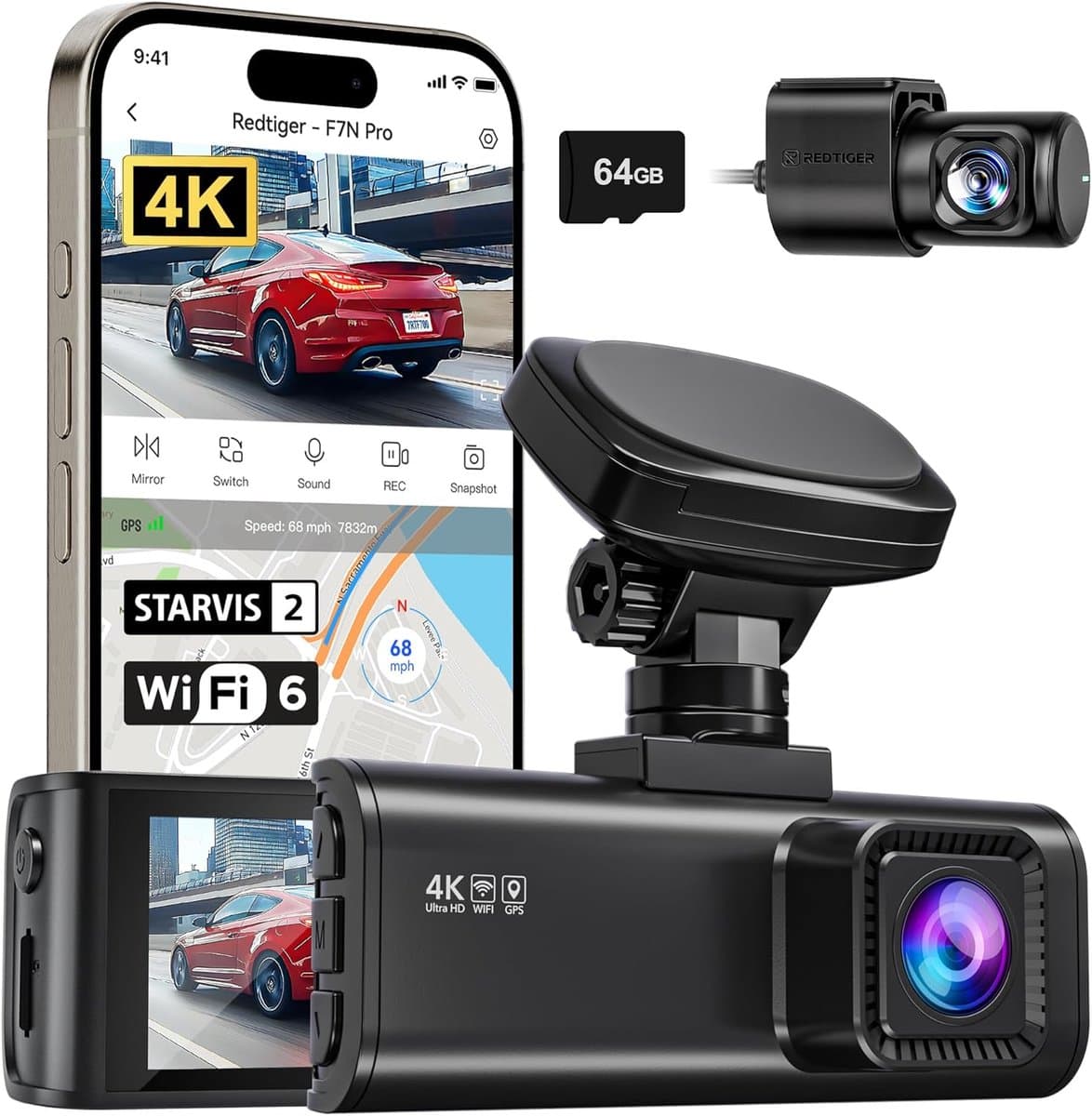 RedTiger F7N Pro Dual Dashcam voor auto - 4K & 1080p - Voor en achter Camera - WiFi en Gps - 3,18 inch LCD met App - Sony Sensor - Nachtzicht - Parkeerbewaking - G Sensor - Loop opname — afbeelding 1