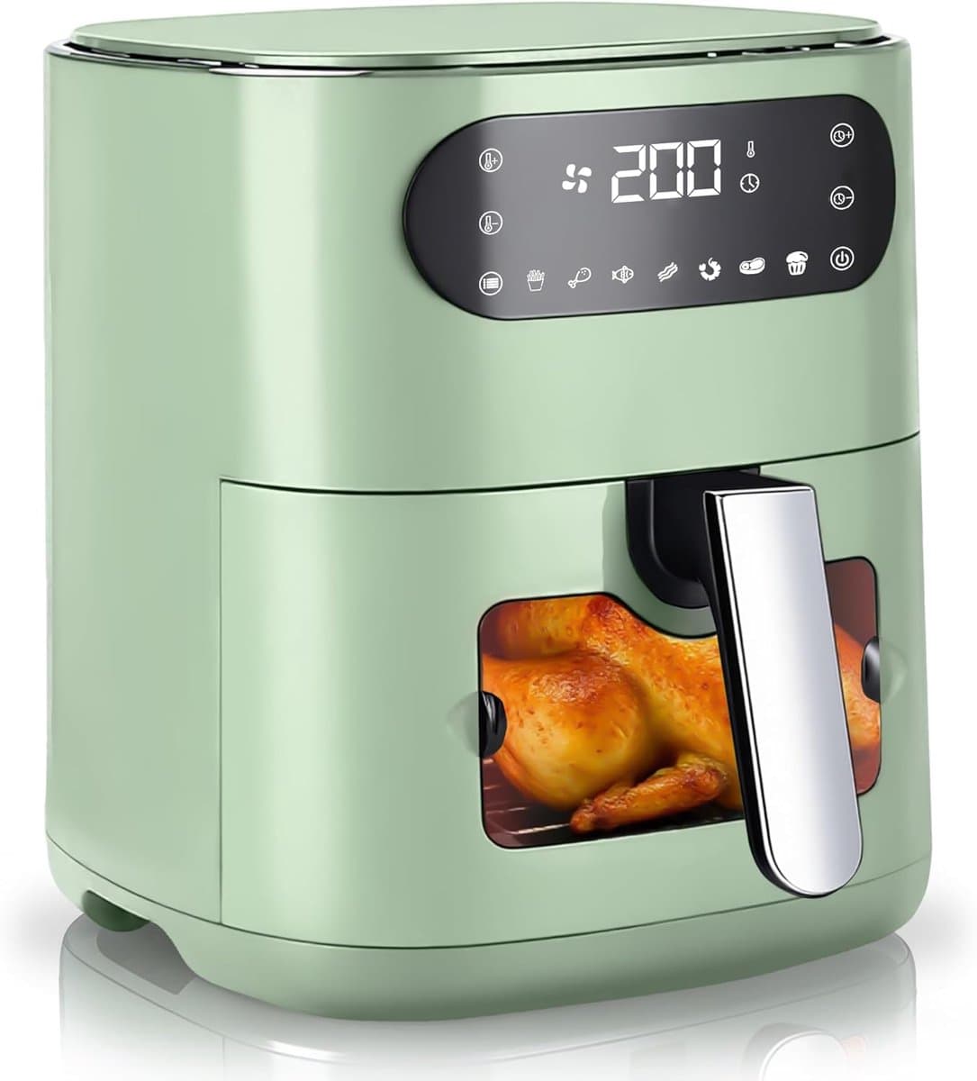 Glitzerlife - Airfryer Heteluchtfriteuse Friteuse - 6L kijkvenster 7 programma's - 11 functies touchscreen timer - 10 x bakpapier voor familiekeuken - 1500W stille anti-aanbak gezinskeuken - Groen — afbeelding 1