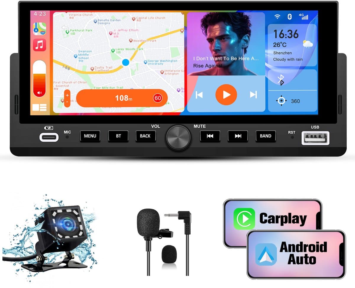 Hexinex 1DIN Autoradio - 6.86 inch scherm - met Draadloze Carplay & Android Auto - BT 5.2 - USB/USB-C + Achteruitrijcamera + Externe microfoon — afbeelding 1