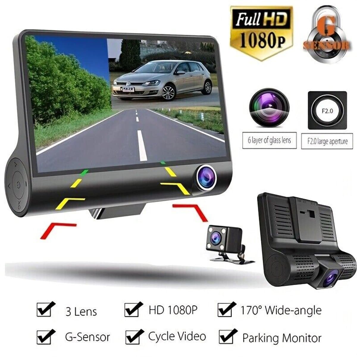 Driekanaals front- en achterdashcam met ingebouwd IPS-scherm, 1080P Full HD — afbeelding 1