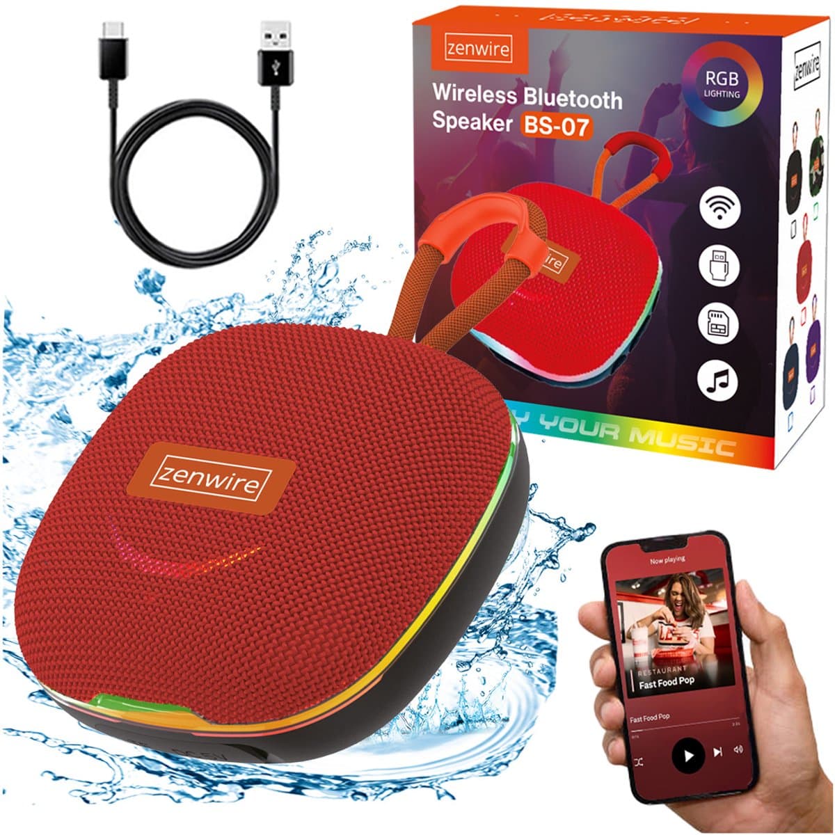 Zenwire Vibe BS–07 - Mini draagbare luidspreker - Bluetooth 5.3 - 13 W - FM-radio - USB/TF-speler - Microfoon - Compacte behuizing - 1000 mAh - TWS - USB-C - Micro SD-kaartlezer - RGB-achtergrondverlichting — afbeelding 1