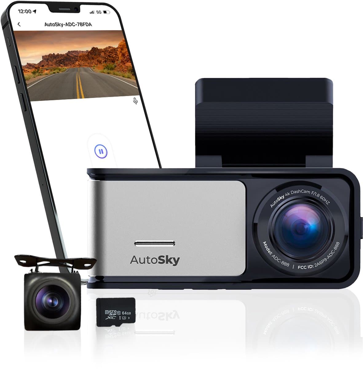 Autosky 4K Dashcam voor Auto & Vrachtwagen – Met Achtercamera – GPS, WiFi, Nachtzicht & 64GB – Groothoek & G-Sensor – App Connectie — afbeelding 1