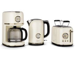 Klarstein Victoria ontbijtset – broodrooster voor 2 sneetjes met 7 bruiningsstanden, waterkoker van 1,7 liter, filterkoffiezetapparaat voor 12 kopjes, roestvrij staal, retro design, broodjeshouder, warmhoudfunctie, roomkan