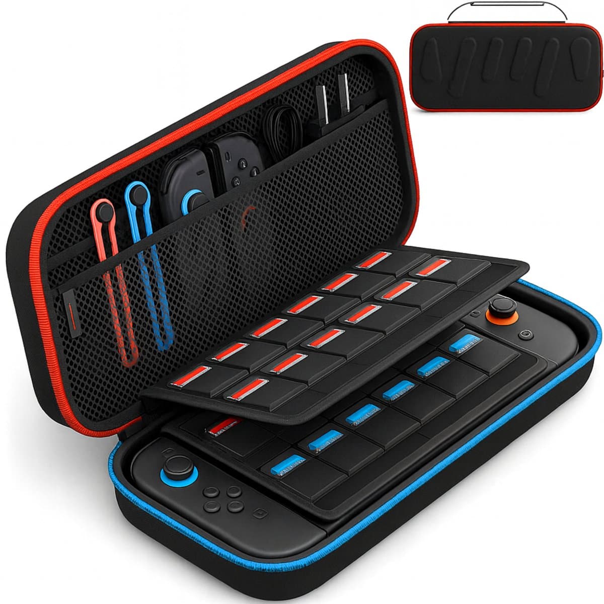 Sounix Case Geschikt voor Nintendo Switch 2 - Met opbergvak voor 24 games - Extra hoog Hoesje - Waterdicht en schokbestendig - Zwart/Blauw/Rood — afbeelding 1