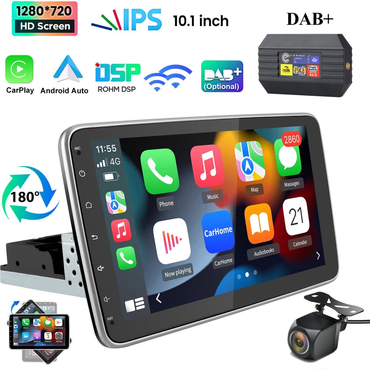 JUNSUN 1DIN autoradio 360° draaibaar scherm - Android 15 - AHD Achteruitrijcamera en DAB-adapter - Draadloos Carplay & Andriod Auto - Bluetooth - GPS-navigatiesystem, 4GB+64GB, 10 inch HD IPS touchscreen, WIFI & USB & FM, DSP, Octa-core processor — afbeelding 1