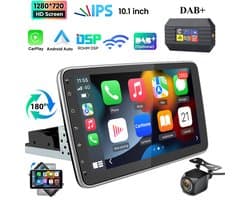 JUNSUN 1DIN autoradio 360° draaibaar scherm - Android 15 - AHD Achteruitrijcamera en DAB-adapter - Draadloos Carplay & Andriod Auto - Bluetooth - GPS-navigatiesystem, 4GB+64GB, 10 inch HD IPS touchscreen, WIFI & USB & FM, DSP, Octa-core processor