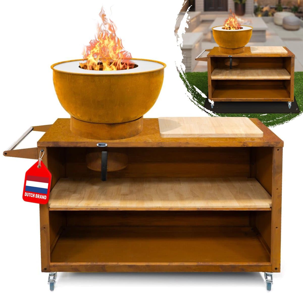HEAT Buitenkeuken Trolley Roest – Vuurschaal 60 cm - Mobiele BBQ & Plancha met Snijplank – 117x46x106 cm — afbeelding 1