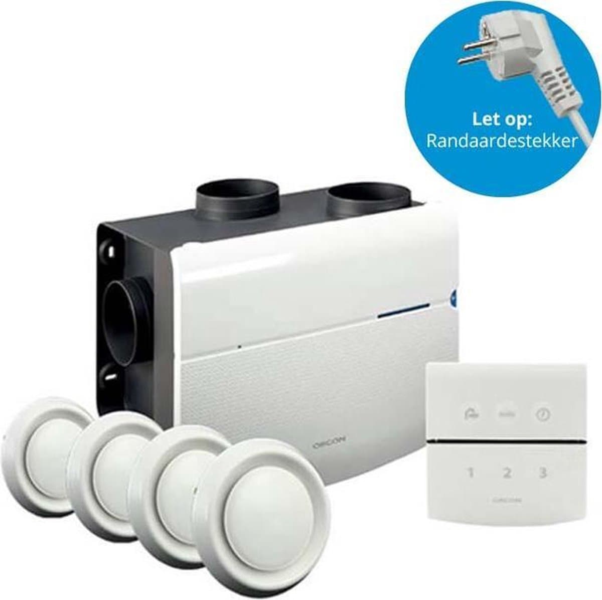 Orcon alles-in-een pakket randaarde stekker MVS 15R 520m3/h + rft bediening + 4 ventielen — afbeelding 1