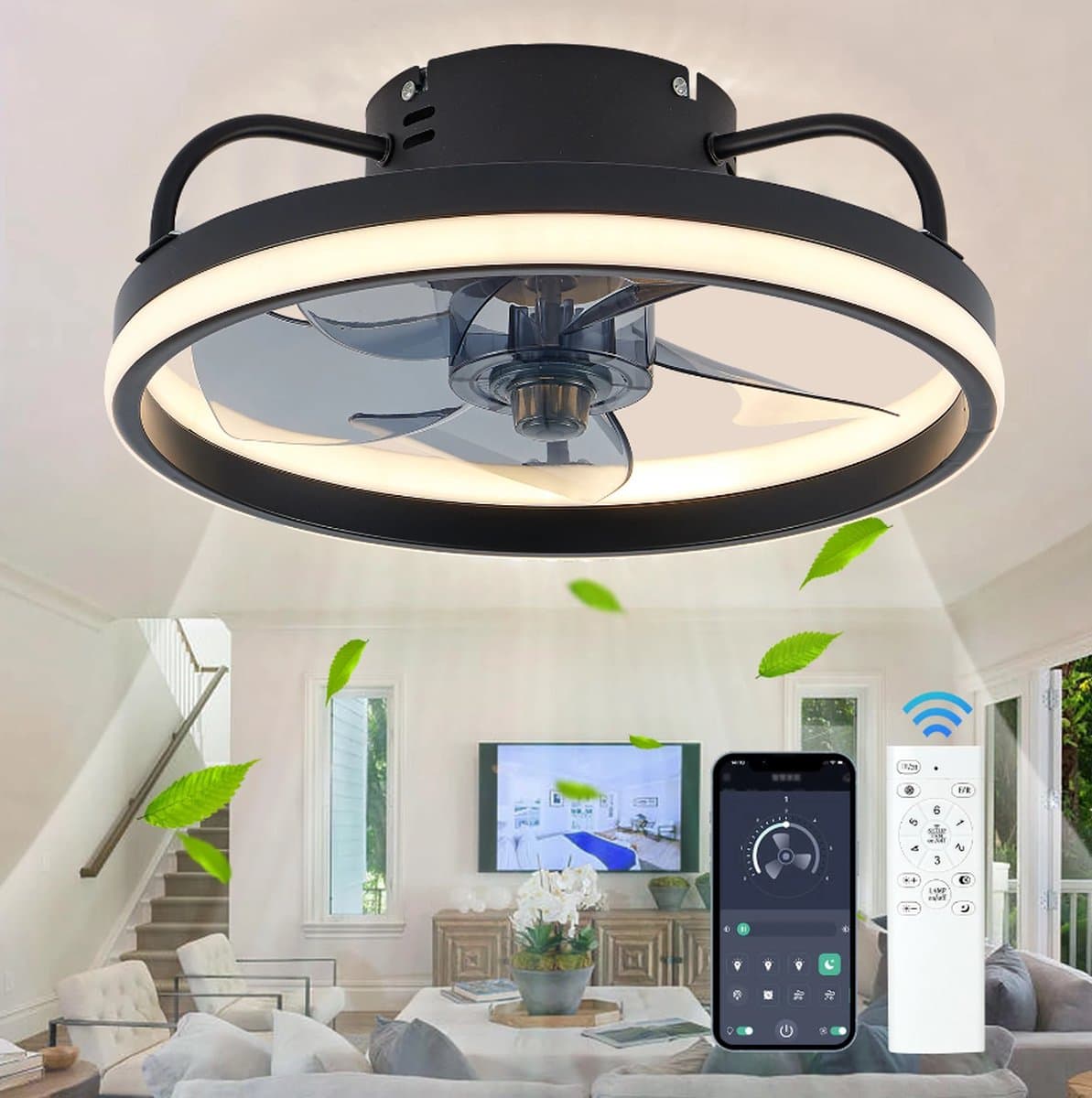 Lichtendirect- Plafondventilator met verlichting- 34 CM- Smart Lamp - 6 Standen Ventilator – Plafonniere Keuken Lamp - Woonkamerlamp - Dimbaar met afstandsbediening- APP functie- Zwart — afbeelding 1