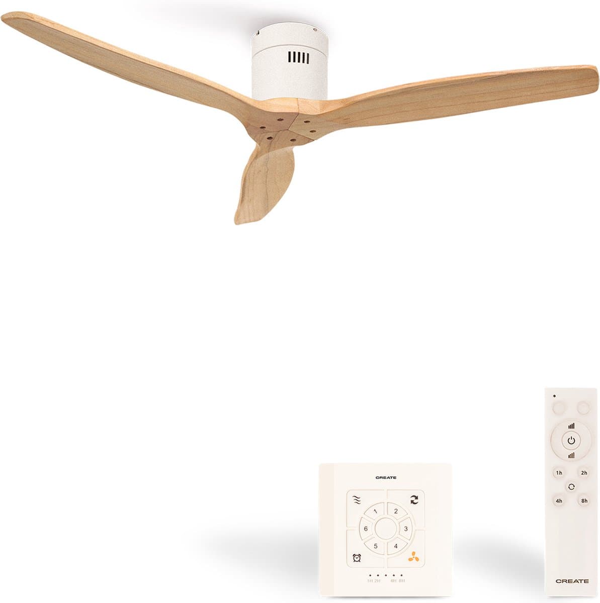 CREATE - Plafondventilator 40W silent Ø132 cm - Met Wandregelaar - Met Afstandsbediening - 6 Snelheden - Timer - Zomer/Winter functie - Naturel Hout - WIND CALM — afbeelding 1