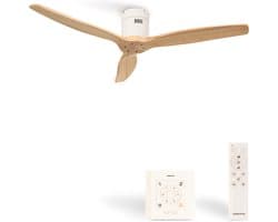 CREATE - Plafondventilator 40W silent Ø132 cm - Met Wandregelaar - Met Afstandsbediening - 6 Snelheden - Timer - Zomer/Winter functie - Naturel Hout - WIND CALM