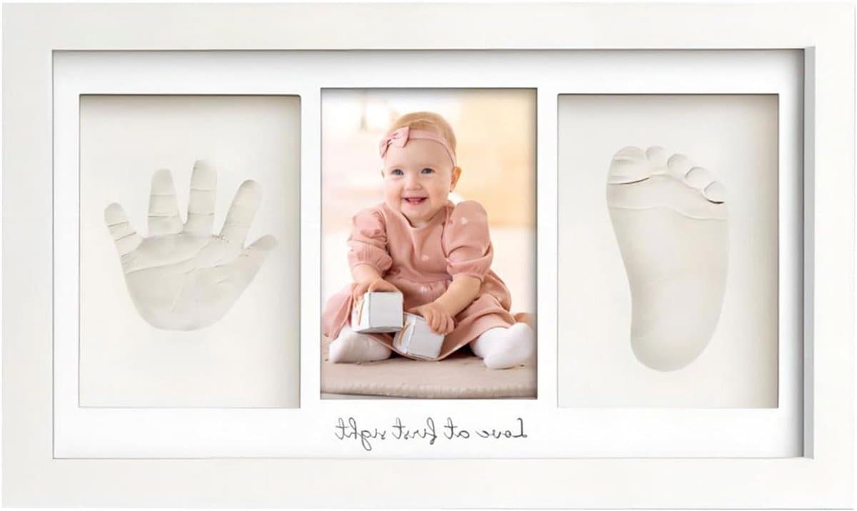 Baby Handafdruk & Voetafdruk Fotolijst – Gipsafdruk – Houten Wit – Herinneringslijst Pasgeborene — afbeelding 1