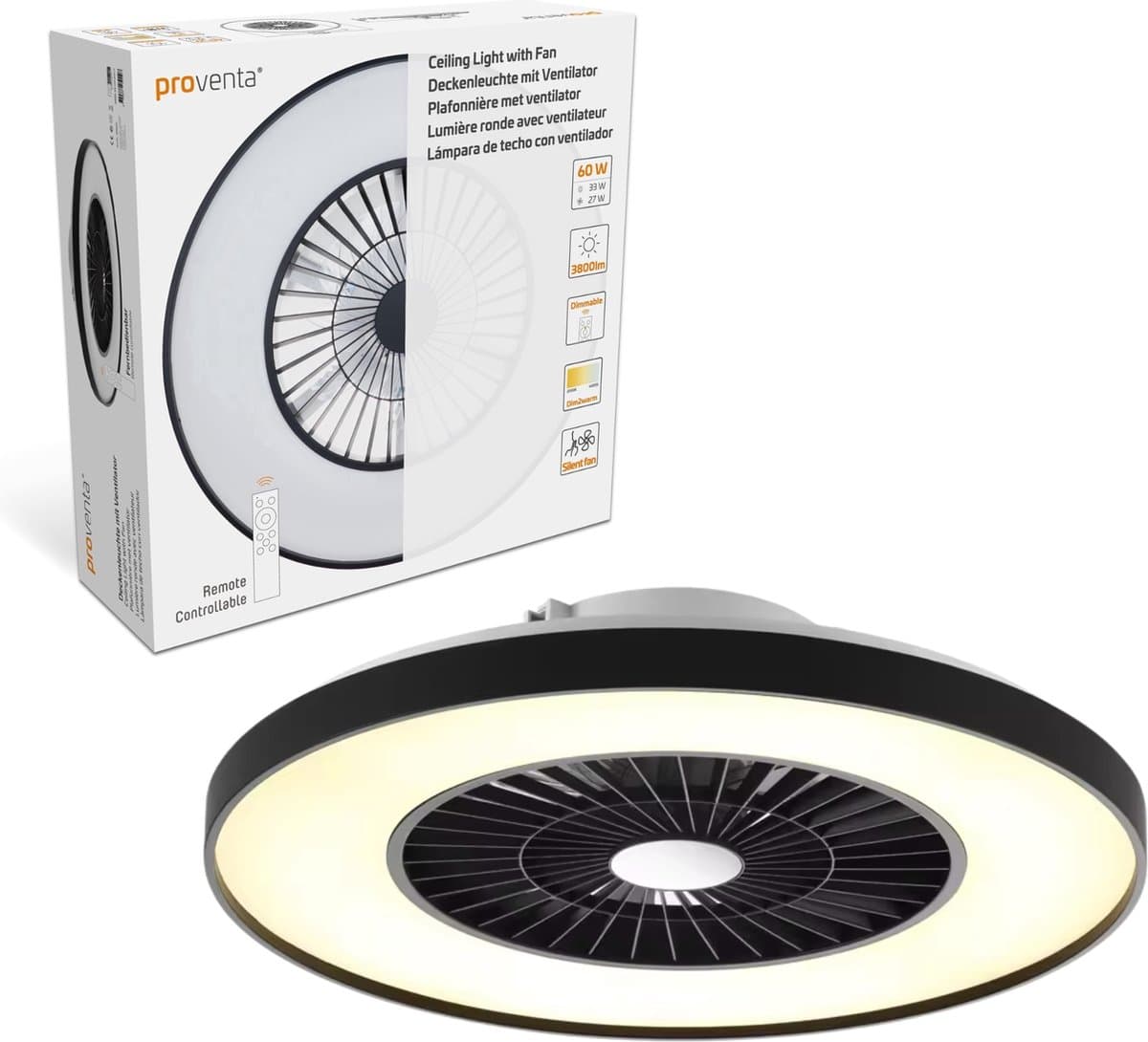 Proventa Premium Plafondventilator met LED lamp - Ø 60 cm - Zomer- en winterstand met afstandsbediening - Plafondlampen met Ventilator & Lamp - Zwart — afbeelding 1