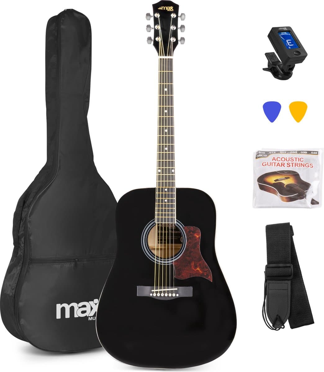 Akoestische gitaar voor beginners - MAX SoloJam Western gitaar 4/4 - incl. gitaar stemapparaat, gitaartas en 2x plectrum - Zwart — afbeelding 1