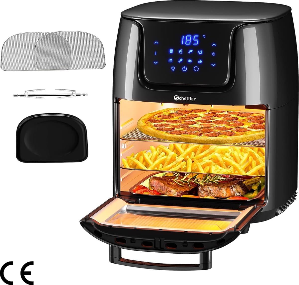 XXL Heteluchtfriteuse - 12 Liter Capaciteit - 8-in-1 Airfryer met Kijkvenster - One-Touch Bediening - 8 Programma's - Draaigrill - Rek en Afneembaar Dienblad - 1800 Watt - Zwart — afbeelding 1