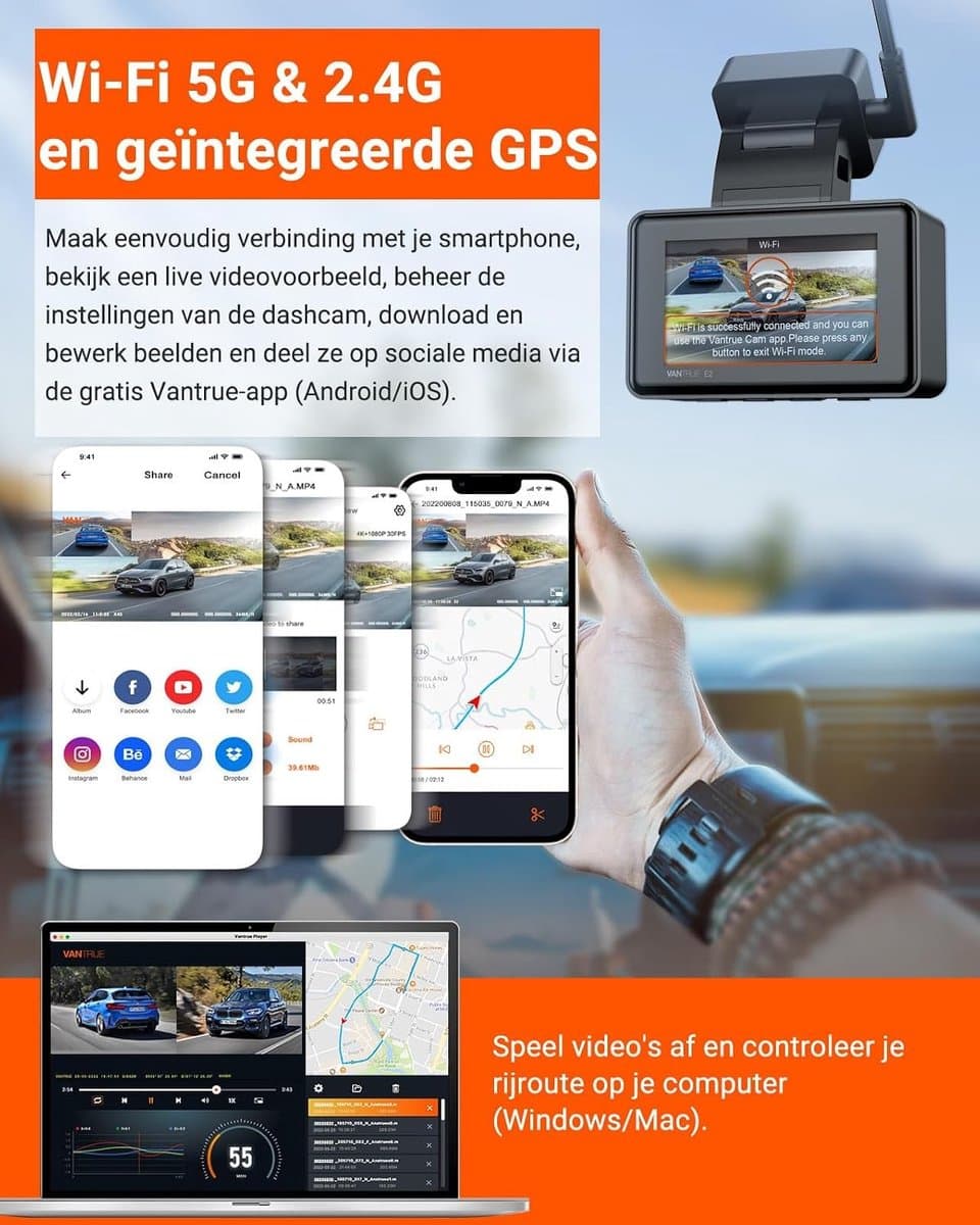Dashcam voor auto - Zwart - 2,45 inch - Dubbele 1944P Camera met WiFi, GPS en Nachtzicht - Voor Personenauto — afbeelding 1