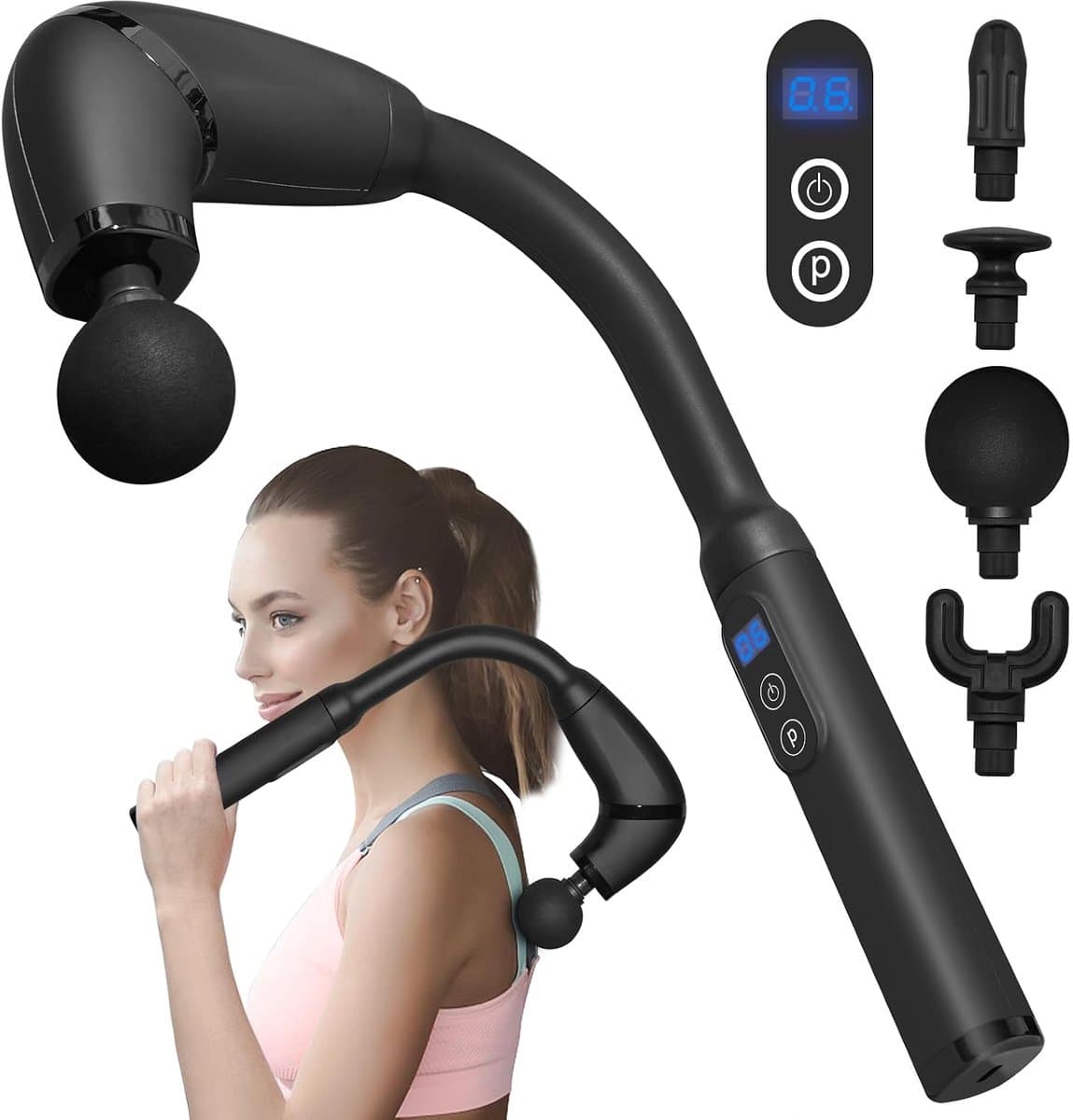 Thijox - Massagepistool met Verlenggreep, U-vormig Diepweefselpercussie Massageapparaat voor Nek, Schouder en Benen - 4 Massagekoppen, 6 Snelheden, Dr — afbeelding 1