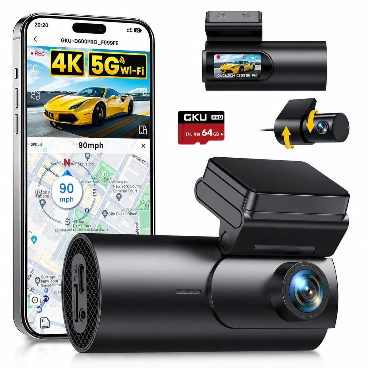 4K Dashcam met Voor- en Achtercamera - Wifi, Nachtzicht en 64GB SD-kaart — afbeelding 1