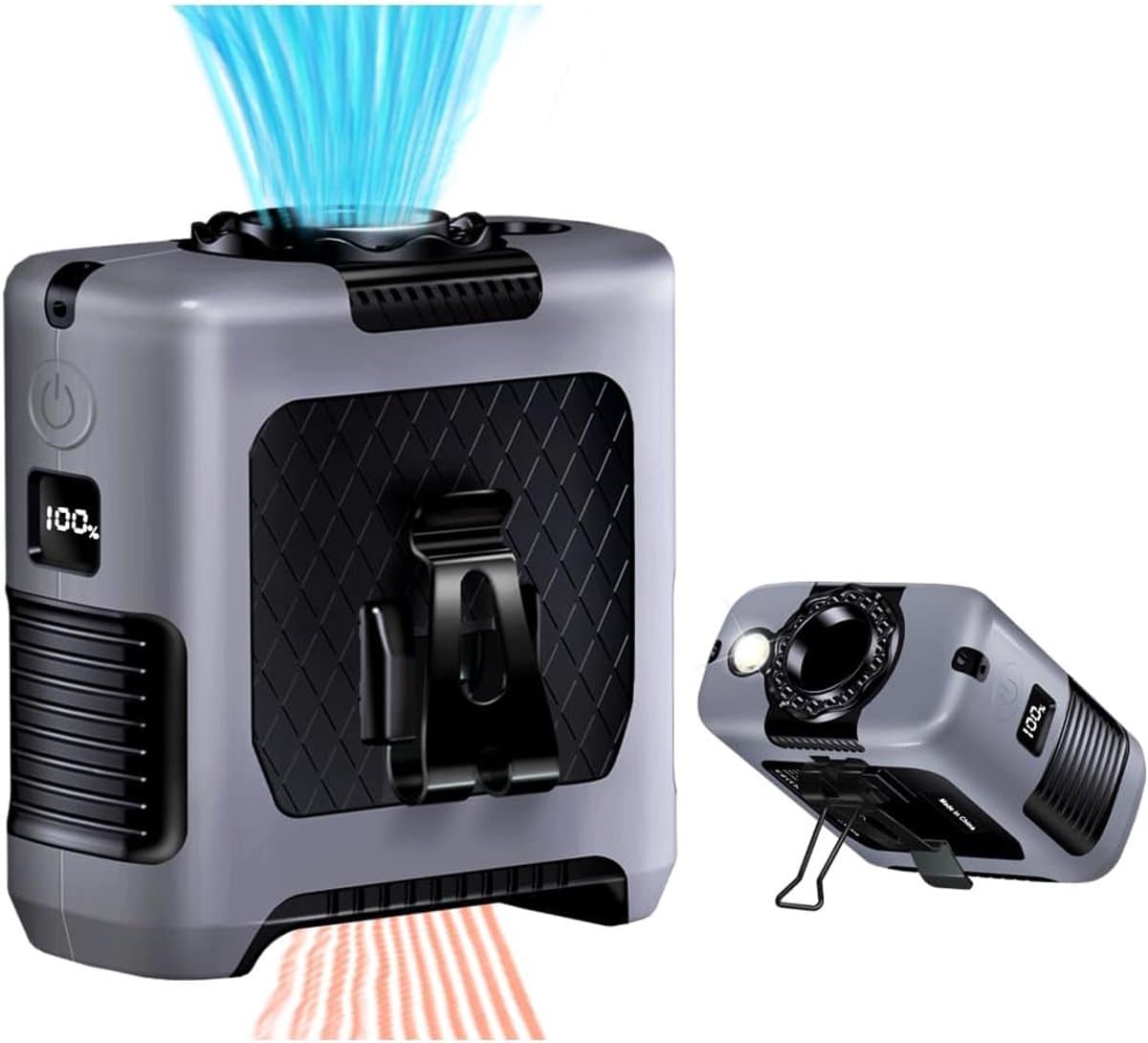 Tailleventilator – 10000 mAh Draagbare Ventilator – Krachtige Luchtstroom – LED Lamp & Powerbank – Met Stalen Clip – Zwart/Grijs — afbeelding 1