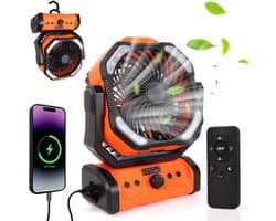 20000 mAh USB-campingventilator met LED-verlichting, draagbare oplaadbare bureau-/tentventilator met afstandsbediening en haak, 270° draaibare kop voor vissen en als windscherm.