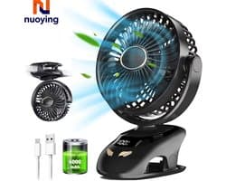 Kinderwagen Ventilator met Clip – USB Oplaadbaar 6000mAh – 5 Standen – Digitaal Display – 90° Kantelbaar – Bureauventilator – Zwart