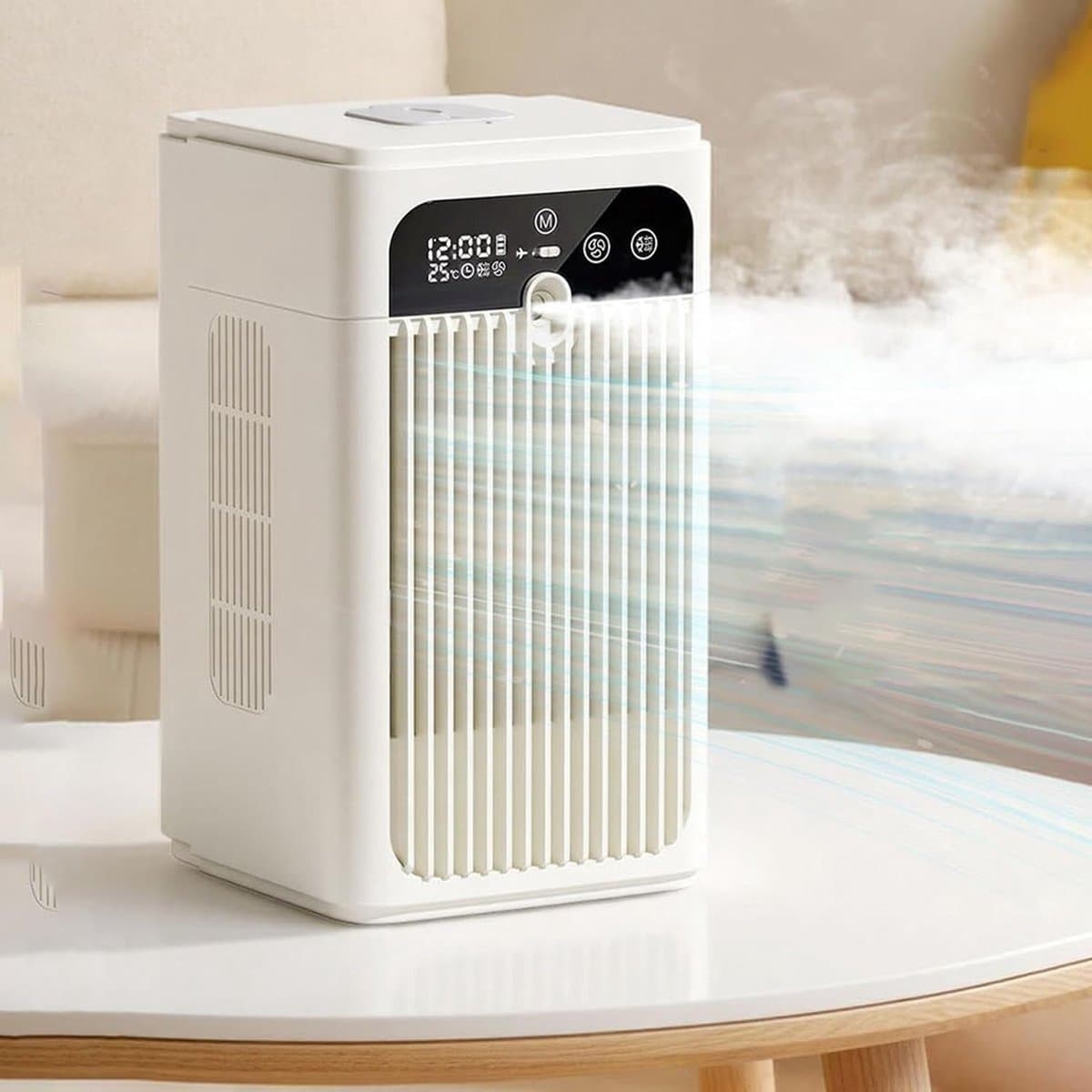 Bureauventilator – Oplaadbare, draagbare luchtkoeler & vernevelende luchtbevochtiger met tijdweergave | ABS, 500 ml, twee standen; geschikt voor thuis (slaapkamer, keuken, kantoor), kamperen en picknicks; stille werking, verkoeling de hele dag door — afbeelding 1