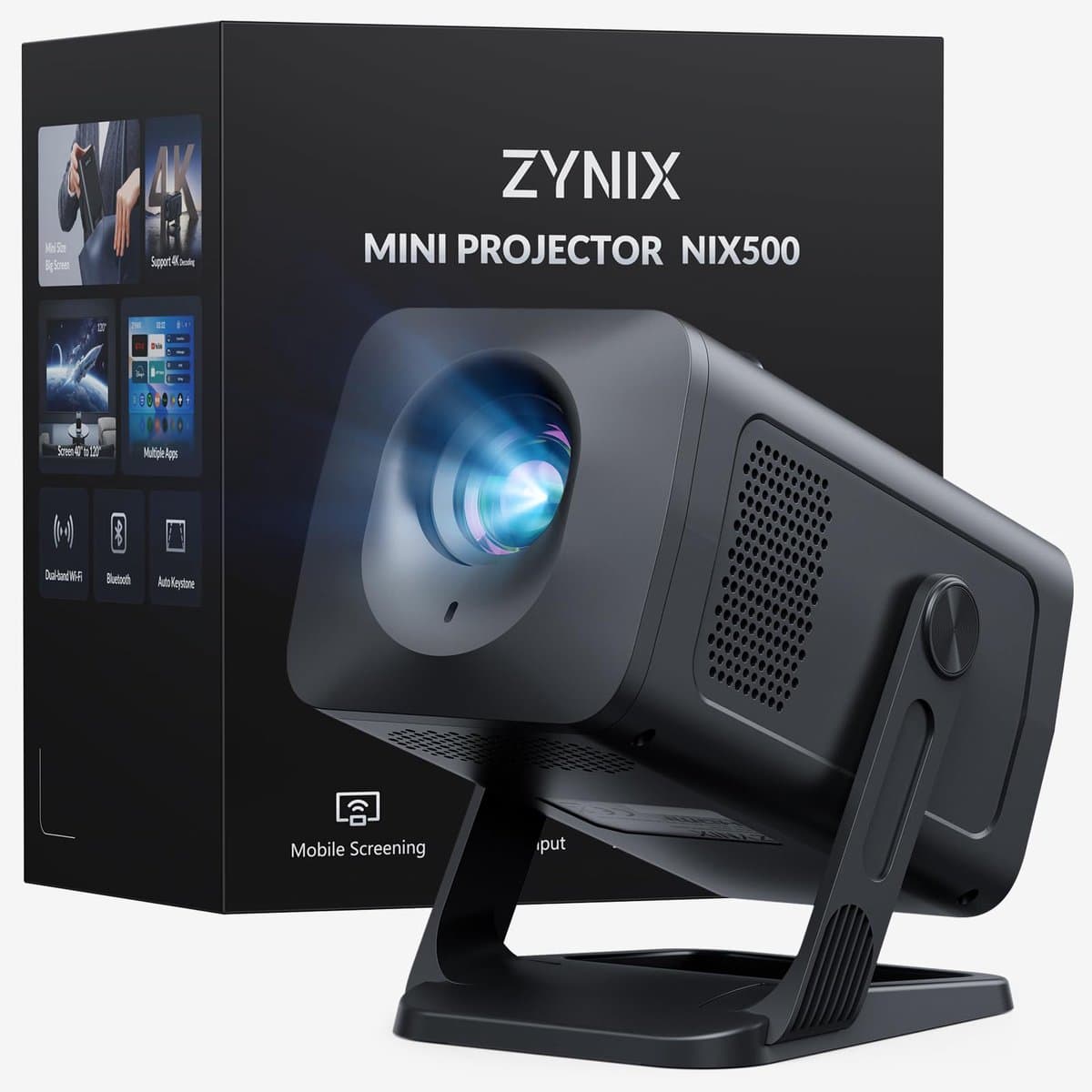 SnelShoppen - ZYNIX NIX500 Smart Mini-beamer 4K WiFi-projector met Android 14, Bluetooth 5.4, auto keystone, 270° rotatie voor thuisbioscoop, gaming & — afbeelding 1