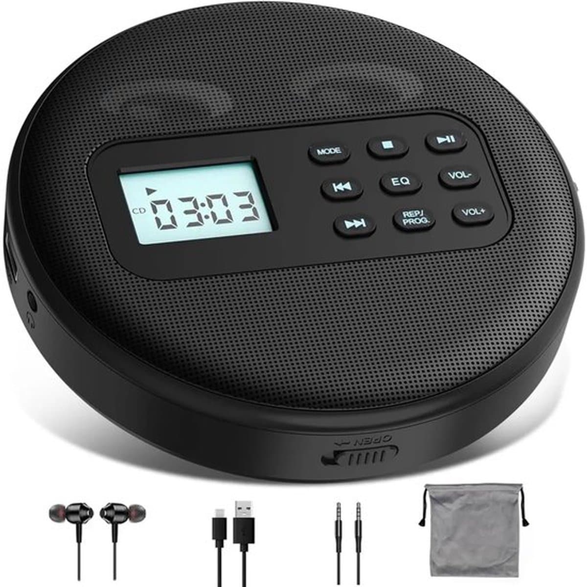 Draagbare cd-speler met luidspreker, lcd-achtergrondverlichting en AUX-ingang. Ondersteunt cd-, mp3- en usb-weergave en is geschikt voor luisterboeken, muziek, studeren, gebruik in de auto en op reis. — afbeelding 1