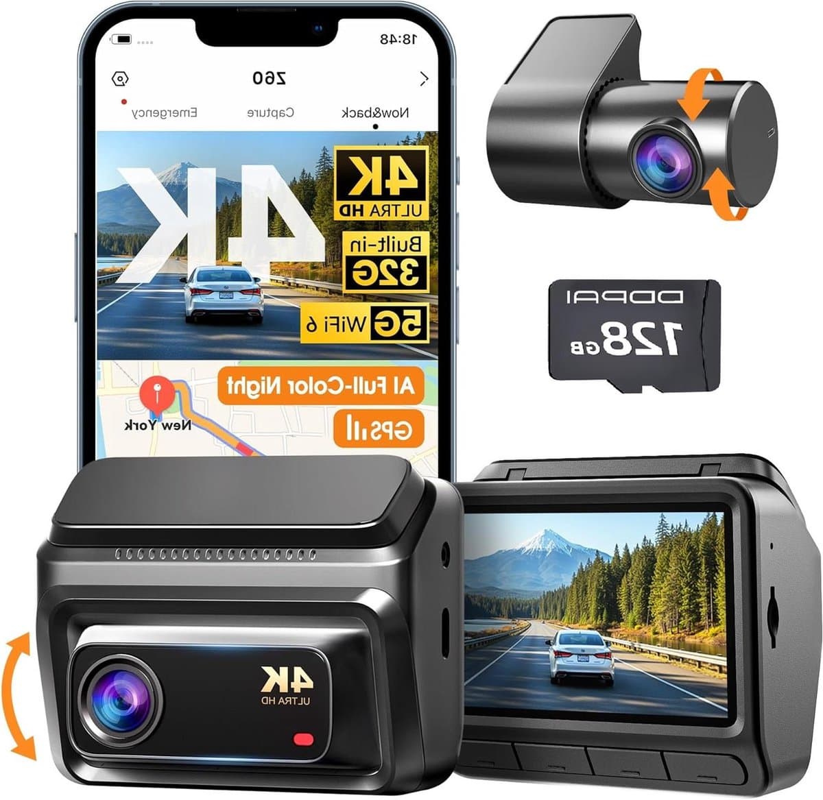 Auto Camera - Rijrecorder - Veiligheid Onderweg - Voor en Achter - 128GB Opslag - Zwart — afbeelding 1