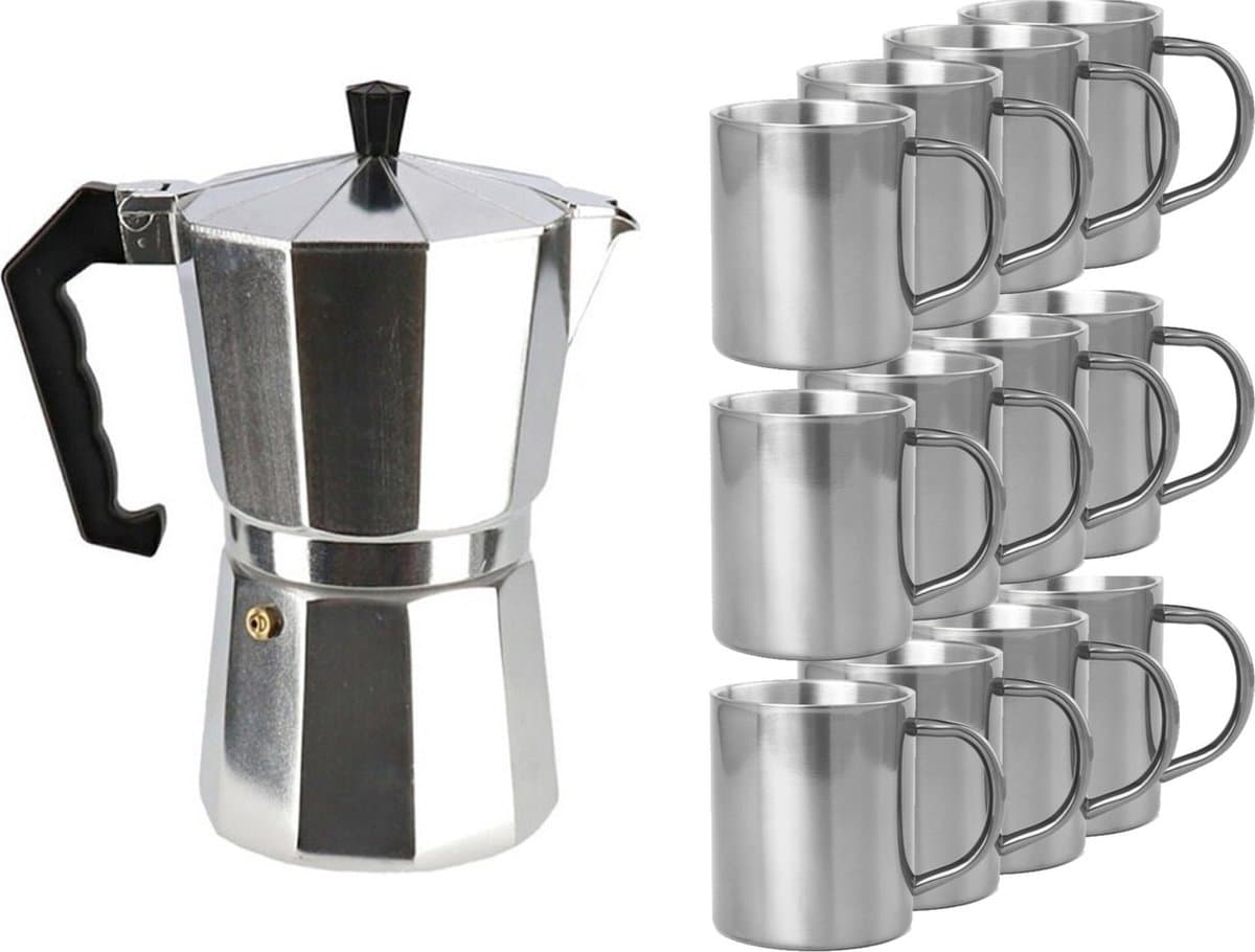 Aluminium moka/koffiemaker met 12x RVS kopjes - Koffiezetapparaat met mokken - Italiaanse koffiezetter — afbeelding 1