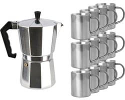 Aluminium moka/koffiemaker met 12x RVS kopjes - Koffiezetapparaat met mokken - Italiaanse koffiezetter