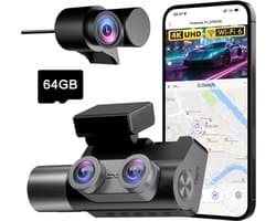 RVV® Dashcam Voor en Achter - Dashcamera - Parkeermonitor - Nachtzicht - met 64GB geheugenkaart- zwart-6cm x 12cm x 7cm