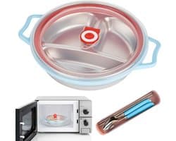 Microwave Plate 850 ml - Magnetron Schaal met Deksel - Magnetron Schotel met 3 Compartimenten en Ventilatie - Magnetron Servies met Bestek - BPA Vrij - Blauw