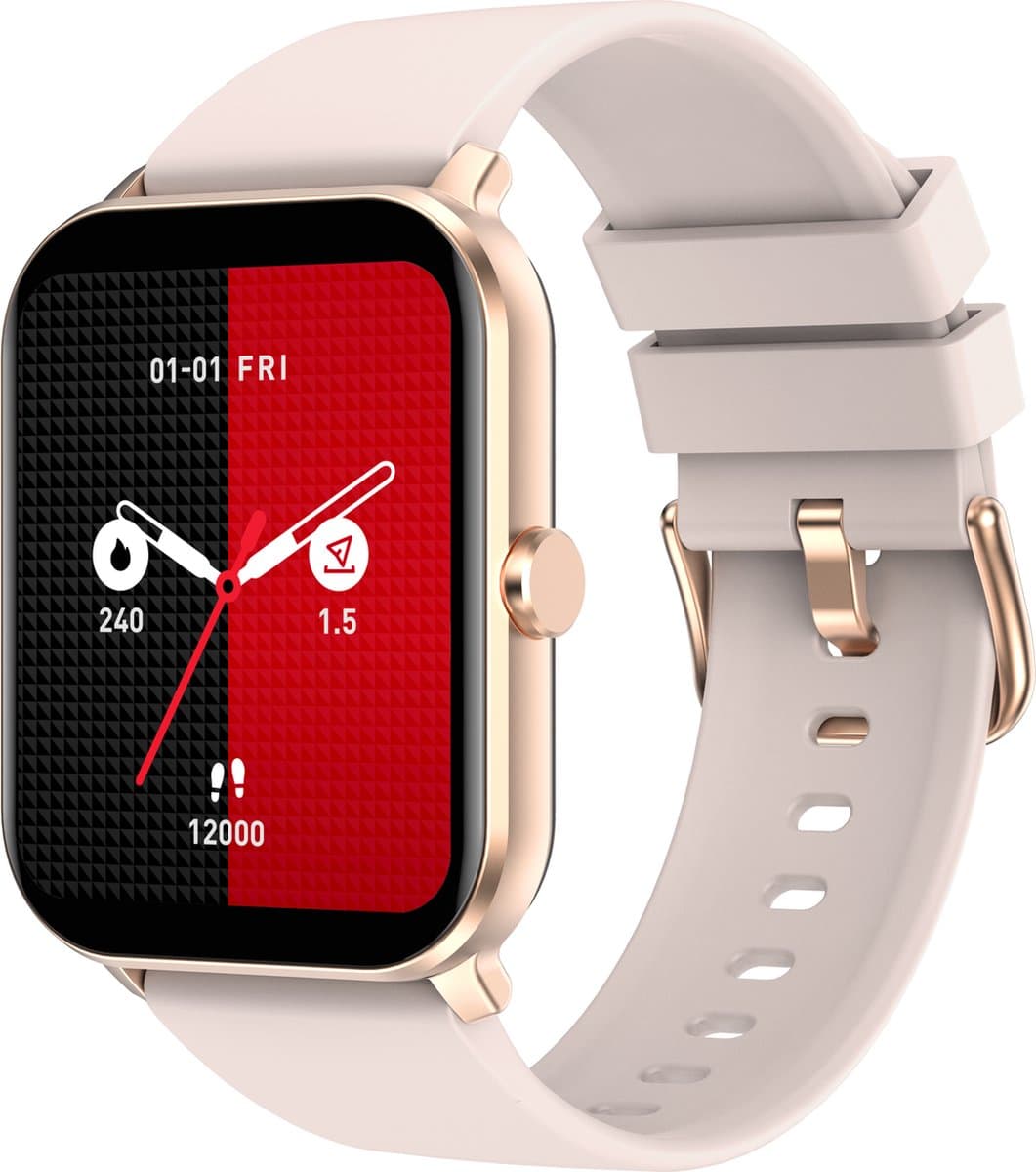 Belesy® KALMIA - Smartwatch Heren – Smartwatch Dames - Horloge – Stappenteller – Calorieën - Hartslag – Sporten - Je eigen foto als wijzerplaat - Kleurenscherm - Full Touch - Splitscreen– Goud – Silicone – Roze - Moederdag — afbeelding 1