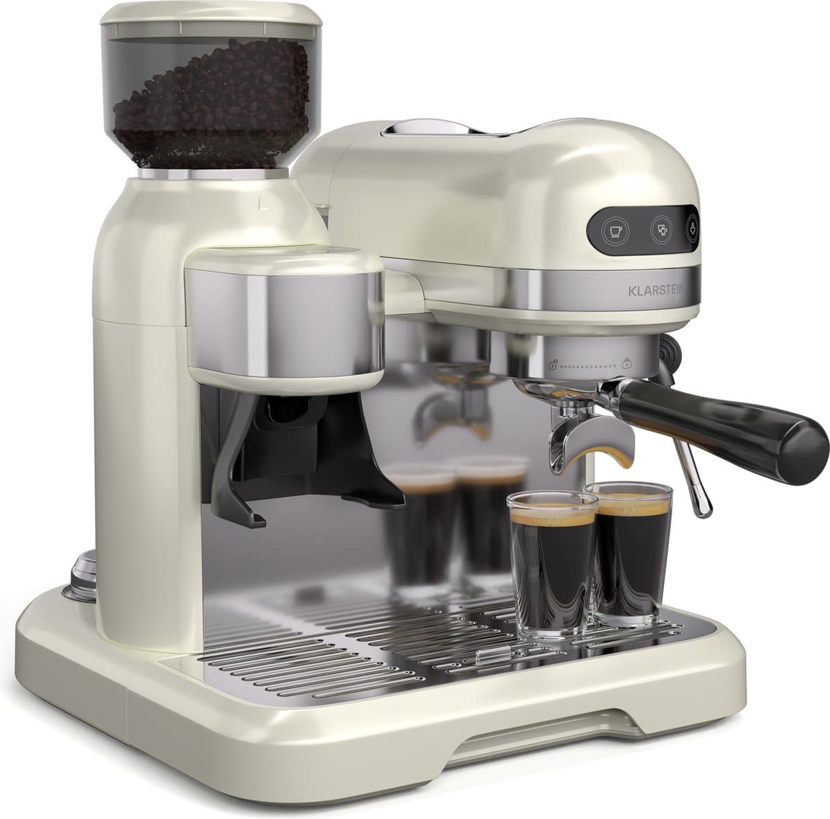 Klarstein Koffiemachine Bella Café Espressomachine met molen – 19 bar, 1550 W, 1,4 liter, geïntegreerde conische molen, melkschuimer, 2 kopjes, thermoblok, crème, roestvrij staal - voor Keuken - LED - Coffee Machine - Koffieautomaat — afbeelding 1