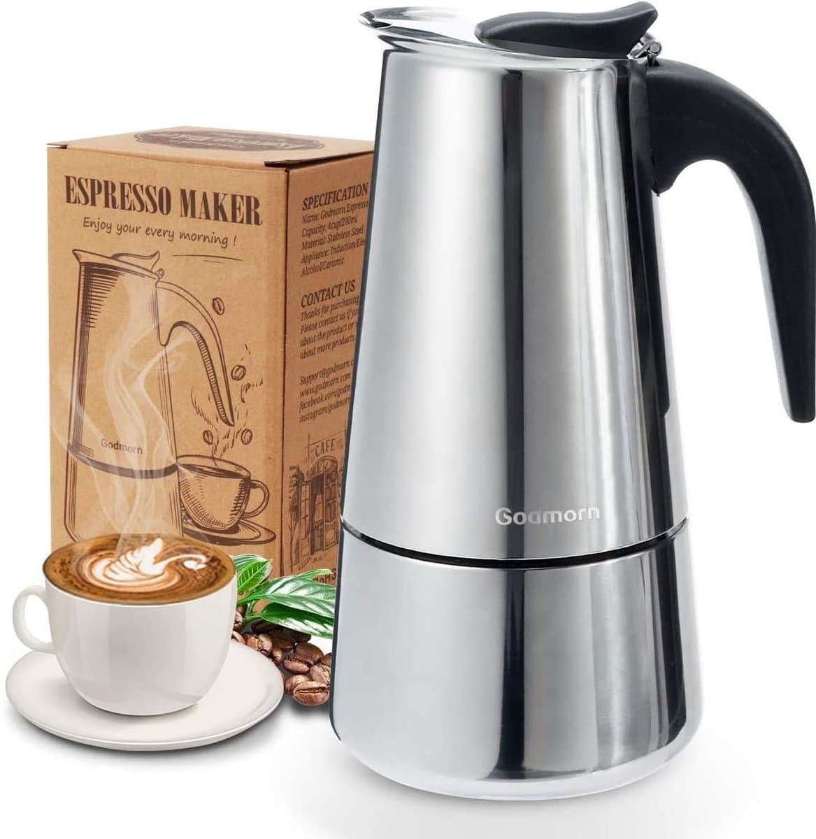 Espresso Maker Koffiezetapparaat 430 Roestvrijstalen Mokkapot Espresso Maker voor 4/6/10 Kopjes Koffiezetapparaat voor op het fornuis Geschikt voor Inductiekookplaten, 300 ml. — afbeelding 1