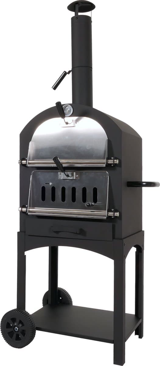 Houtskoolgrill MCW-N15, pizzaoven houtkachel, grillrooster houtskoolrooster pizzasteen, zwart hoge temperatuur gelakt staal — afbeelding 1