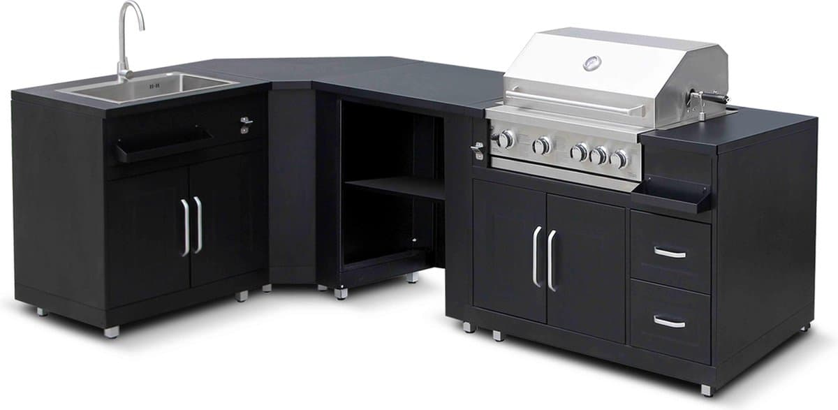 Oviala - Hoekkeuken buiten met 4 elementen spoelbak en barbecue - Memphis — afbeelding 1