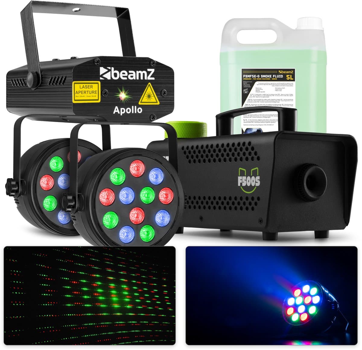 BeamZ lichtset met laser, PAR spots en 500W rookmachine met 5 liter rookvloeistof — afbeelding 1