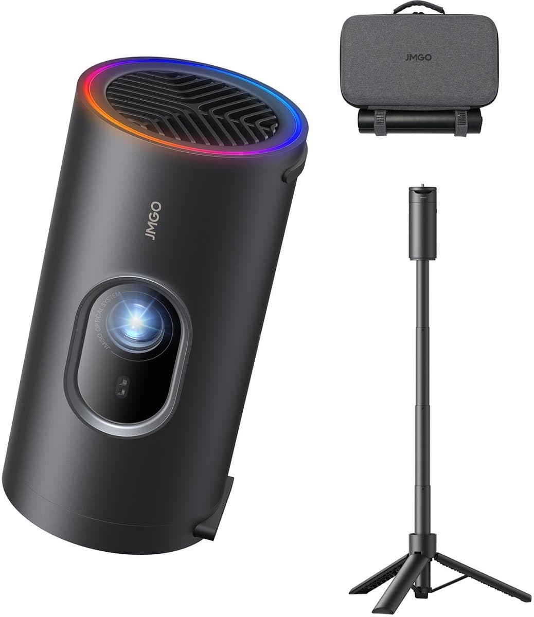 JMGO - PicoPlay + Pack - Picoplay beamer - Tripod statief met Powerbank functie - Reiscover - 450 ISO Lumen - Beamer - Projector - Audio door Dolby Digital - 1080P - Google TV - 3D-Active - HDR10 - met WiFi & Bluetooth voor Thuis en Outdoor — afbeelding 1
