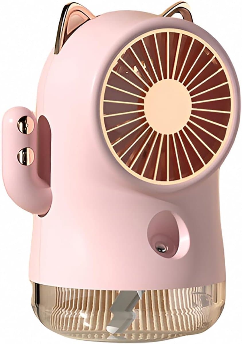 Ventilator - Mini ventilator - Oplaadbare kleine ventilator met vernevelaar, krachtige luchtstroom met 3 standen, draagbare tafelventilator, brede luchtverspreiding, stille oscillerende luchtcirculator voor thuis en op kantoor (roze) — afbeelding 1
