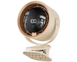 Ventilatoren-Professionele Clip-on Ventilator - 100 Snelheden - LED Display & Ophanghaak - Stille Tafelventilator voor Kinderwagen, Bureau en Camping - Beige