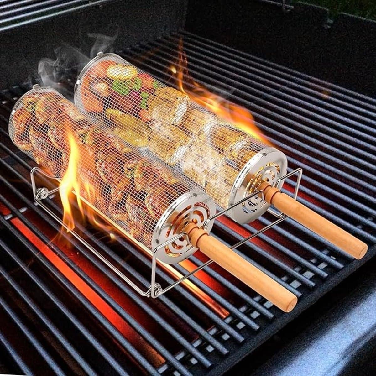 Cilindrische Barbecue Grillmand Set - 2 Stuks - RVS 304 met Houten Handgrepen — afbeelding 1
