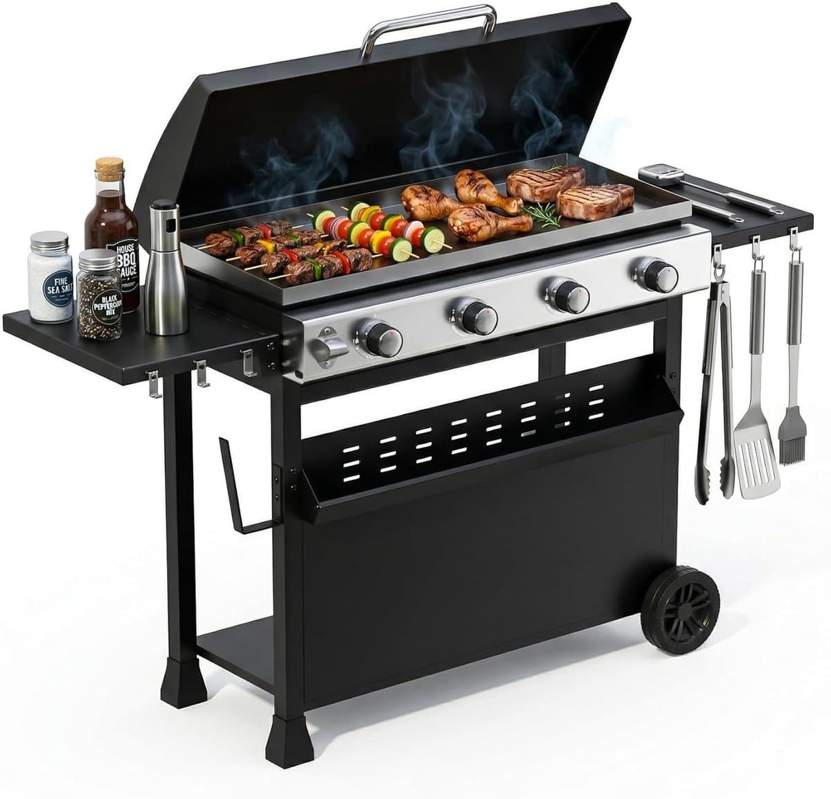 Gasbarbecue met 4 branders en een vermogen van 32.000 BTU – barbecuewagen met een vlakke bakplaat van 3086 cm² – draagbare barbecue die zowel vrijstaand als op tafel kan worden gebruikt – weerbestendige kap – roestvrijstalen branders — afbeelding 1