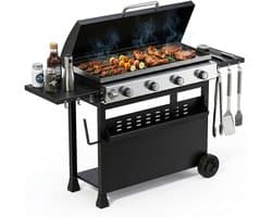 Gasbarbecue met 4 branders en een vermogen van 32.000 BTU – barbecuewagen met een vlakke bakplaat van 3086 cm² – draagbare barbecue die zowel vrijstaand als op tafel kan worden gebruikt – weerbestendige kap – roestvrijstalen branders