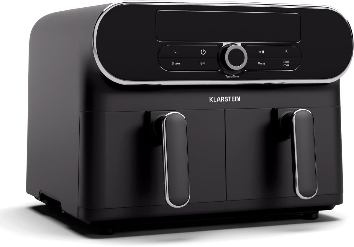Klarstein AuraAir Color Touch Dual Heteluchtfriteuse – 10 liter heteluchtfriteuse met twee compartimenten, 1700 W, 8 programma's, touchscreen, 75% minder vet, antiaanbaklaag, oververhittingsbeveiliging, zwart/zilver — afbeelding 1