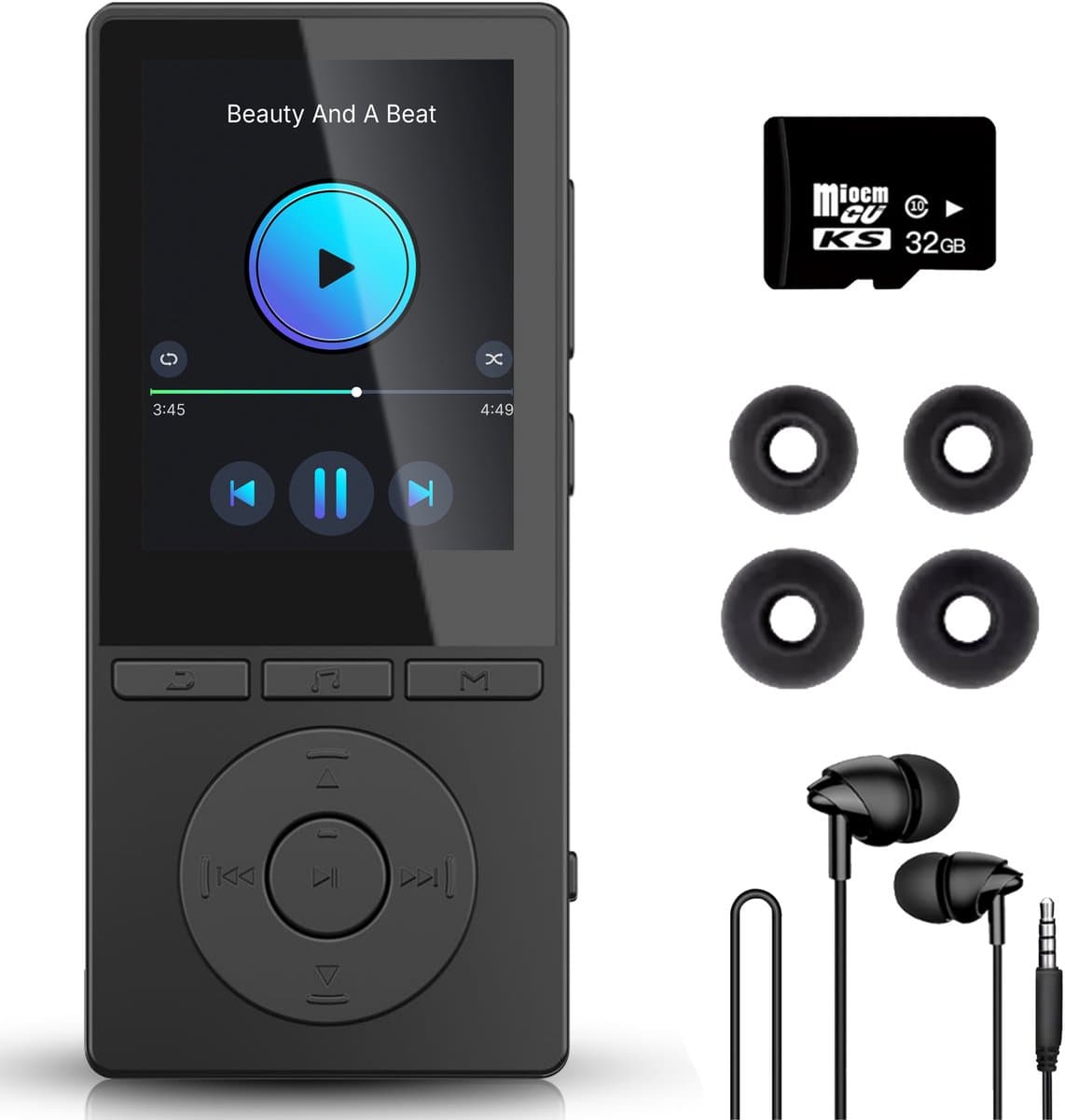 QURETTO® MP3 Speler 64GB – Bluetooth 5.3 – Nederlandse Interface – Inclusief 32GB SD Kaart – Diepe Bas – 2.4 Inch – USB-C – Uitbreidbaar tot 128GB – Voice Recorder – Muziekspeler — afbeelding 1