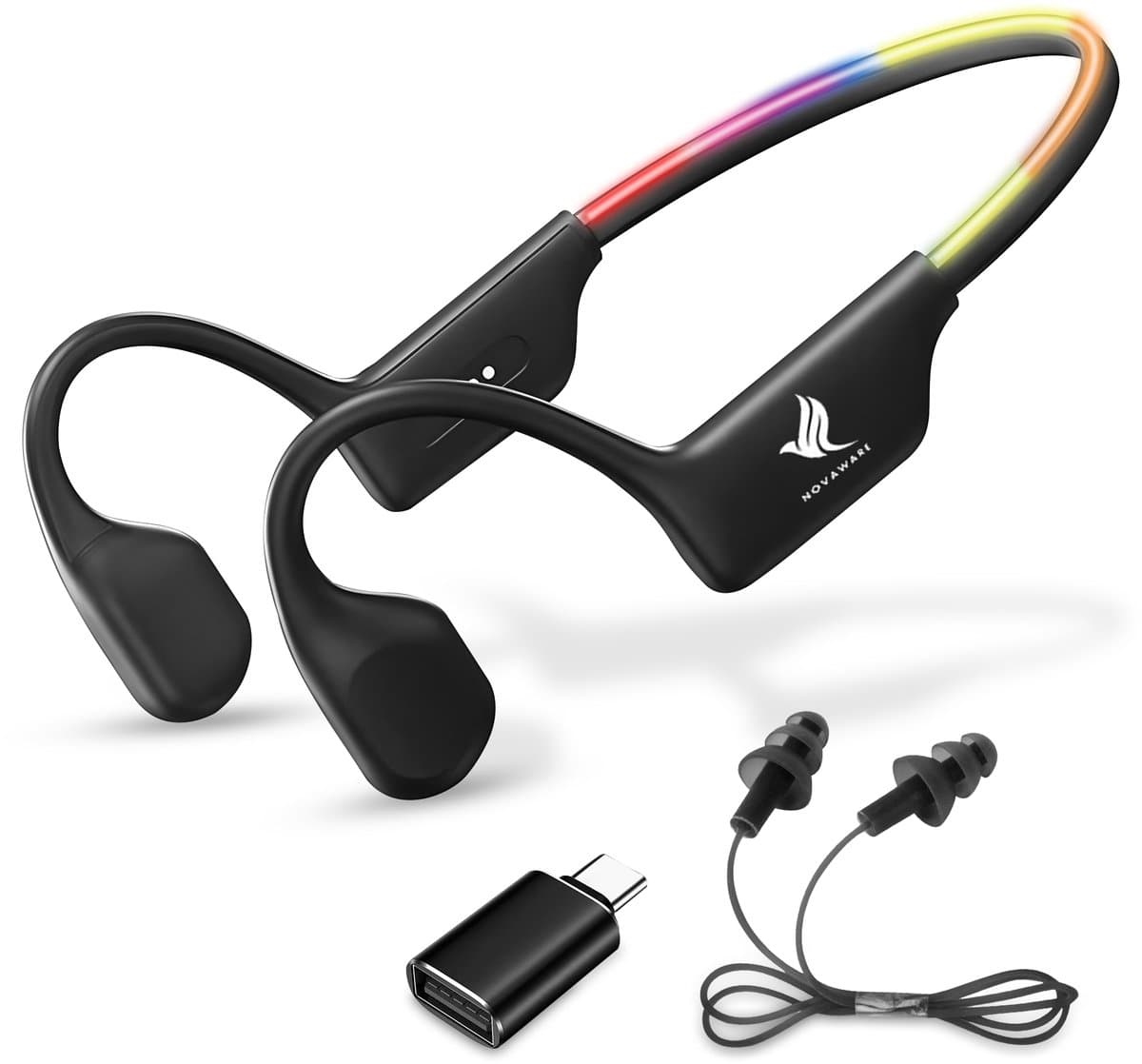 NovaWare Bone Conduction Headphone – Hardloop Oortjes Draadloos - Sport Oordopjes - Sport Oortjes - Open Ear Oortjes - 32GB Geheugen – Bluetooth - IP68 – Zwart — afbeelding 1
