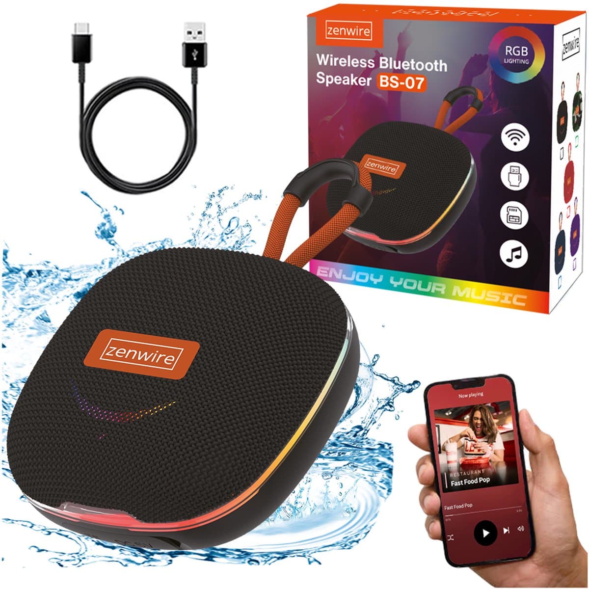 Zenwire Vibe BS–07 - Mini draagbare luidspreker - Bluetooth 5.3 - 13 W - FM-radio - USB/TF-speler - Microfoon - Compacte behuizing - 1000 mAh - TWS - USB-C - Micro SD-kaartlezer - RGB-achtergrondverlichting — afbeelding 1