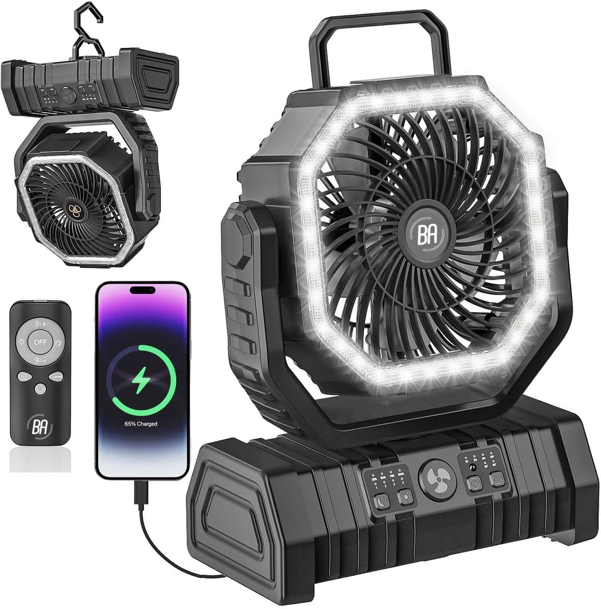 Best Active Mini Ventilator - Oplaadbare Tafelventilator - Stille Mini Fan met Afstandsbediening - Handventilator - Klein, Stil & Geruisloos - 4 Snelheden & Verlichting - 20000 mAh & Powerbank functie - Premium Zwart — afbeelding 1